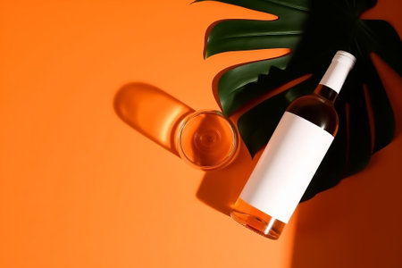 top horizon of tropical flick trace , white bottle and wine glass on orange background. Creative resource, AI Generatedの素材
