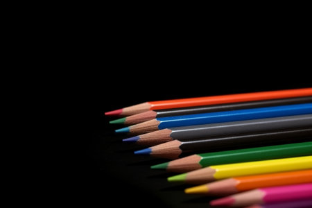 Near of rainbow coloured pencils with duplicate space on dim foundation. Creative resource, AI Generatedの素材