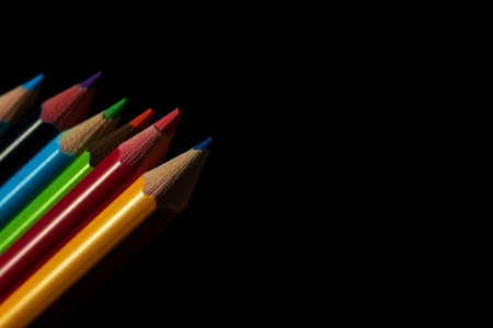 Near of rainbow coloured pencils with duplicate space on dim foundation. Creative resource, AI Generatedの素材