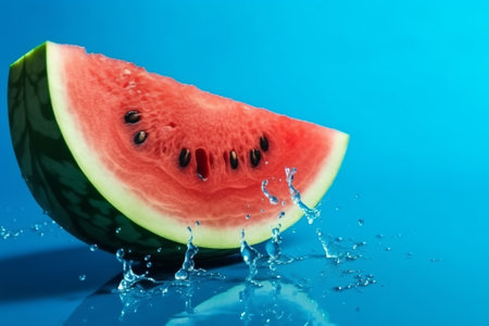 Softening watermelon cut on blue establishment with space for substance. Creative resource, AI Generatedの素材