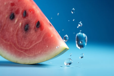 Softening watermelon cut on blue establishment with space for substance. Creative resource, AI Generatedの素材