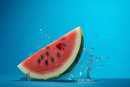 Softening watermelon cut on blue establishment with space for substance. Creative resource, AI Generatedの素材