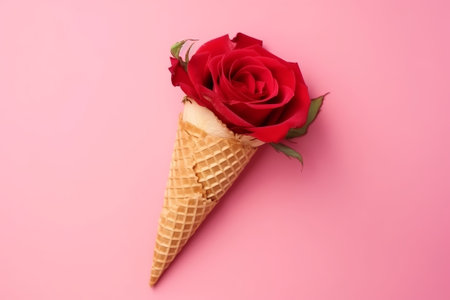 hesitate cone with red rose efflorescence , on tapdance backdrop. Creative resource, AI Generatedの素材
