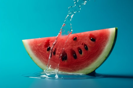 Softening watermelon cut on blue foundation with space for substance. Creative resource, AI Generatedの素材