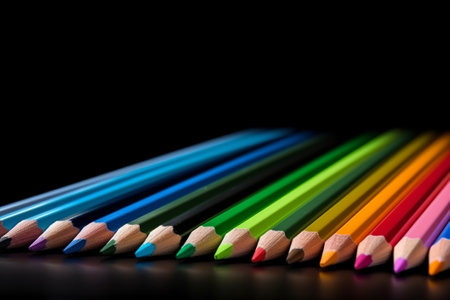 Near of rainbow coloured pencils with duplicate space on dim foundation. Creative resource, AI Generatedの素材