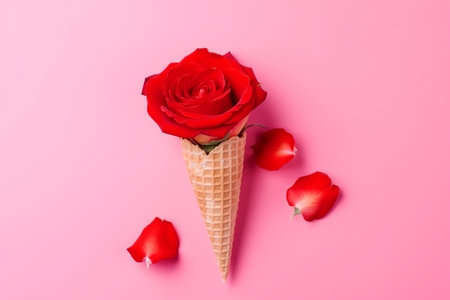 hesitate cone with red rose bloom , on tapdance backdrop. Creative resource, AI Generatedの素材