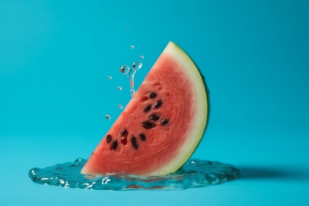 Melting watermelon slice on blue set with out distance for casebook. Creative resource, AI Generatedの素材