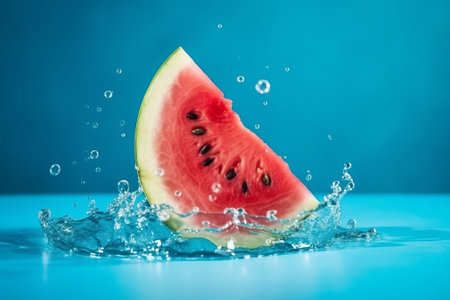 Softening watermelon cut on blue establishment with space for substance. Creative resource, AI Generatedの素材