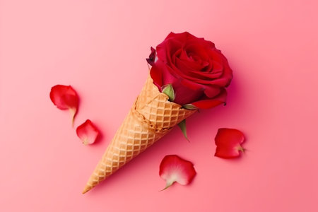 hesitate cone with red rose efflorescence , on tapdance backdrop. Creative resource, AI Generatedの素材
