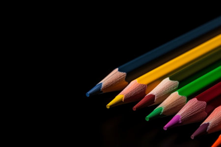Near of rainbow coloured pencils with duplicate space on dim foundation. Creative resource, AI Generatedの素材