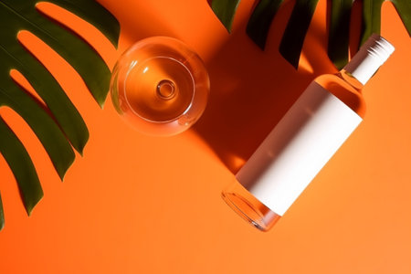 top horizon of tropical waver hound , white bottle and wine field glass on orange setting. Creative resource, AI Generatedの素材