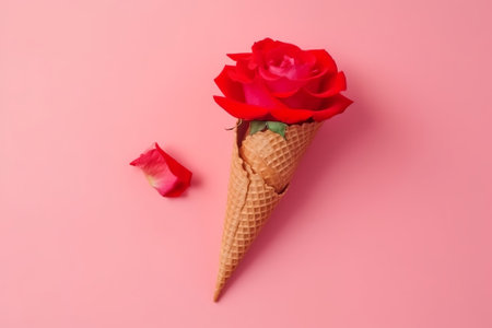 hesitate cone with red rose efflorescence , on tapdance backdrop. Creative resource, AI Generatedの素材