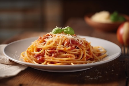 spaghetti with amatriciana sauce in the dish on the wooden board. Creative resource, AI Generatedの素材