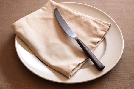 plate , knife and fork on diaper fabric. Creative resource, AI Generatedの素材
