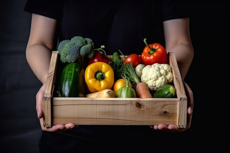 bridge player holding wooden box with vegetable. Creative resource, AI Generatedの素材