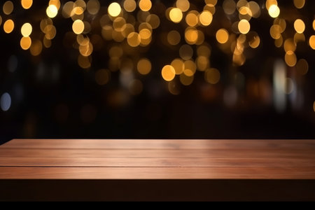 empty Wood table crown on blur light aureate bokeh of cafe restaurant in dark backdrop. Creative resource, AI Generatedの素材