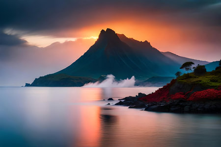 volcanic bang on a batch in a island , red lava flowing into the ocean. Creative resource, AI Generatedの素材