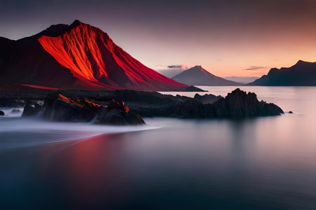 volcanic bang on a batch in a island , passing lava flowing into the ocean. Creative resource, AI Generatedの素材