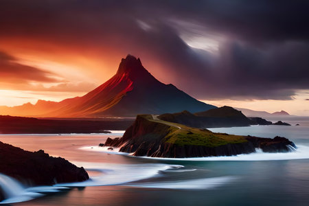 volcanic bang on a batch in a island , passing lava flowing into the ocean. Creative resource, AI Generatedの素材