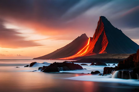 volcanic bang on a batch in a island , passing lava flowing into the ocean. Creative resource, AI Generatedの素材