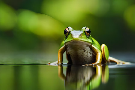 A curious frog perch on a lily excavation , its vibrant Green imbue blending with the composure milieu. Creative resource, AI Generatedの素材