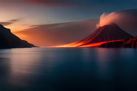 volcanic bang on a batch in a island , passing lava flowing into the ocean. Creative resource, AI Generatedの素材