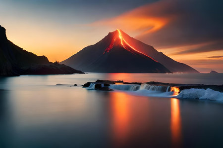 volcanic bang on a batch in a island , passing lava flowing into the ocean. Creative resource, AI Generatedの素材