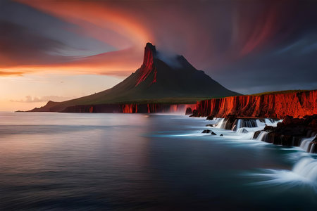 volcanic bang on a batch in a island , passing lava flowing into the ocean. Creative resource, AI Generatedの素材