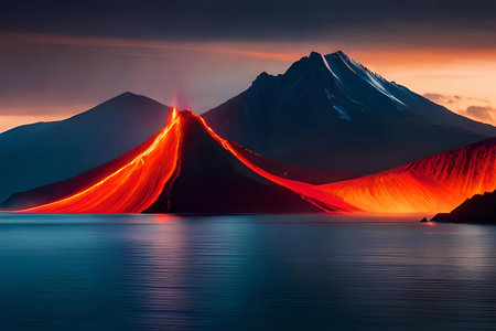 volcanic bang on a batch in a island , passing lava flowing into the ocean. Creative resource, AI Generatedの素材