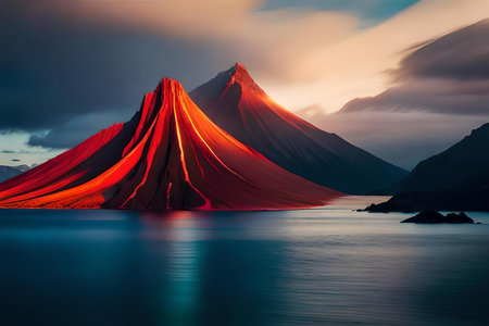 volcanic bang on a batch in a island , passing lava flowing into the ocean. Creative resource, AI Generatedの素材