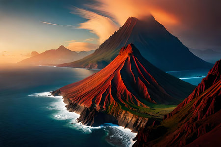volcanic bang on a batch in a island , passing lava flowing into the ocean. Creative resource, AI Generatedの素材