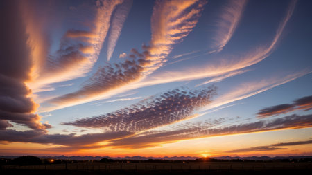 Utterly outstanding sunset with colorful overcast lit by the sun . bright epic flip. Creative resource, AI Generatedの素材