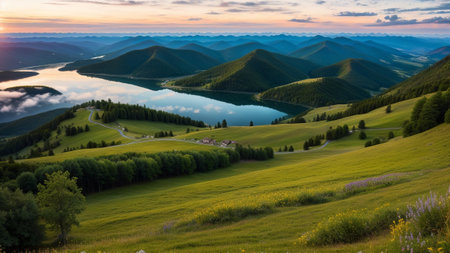 Breathtaking panorama of morning wild nature high in batch. Creative resource, AI Generatedの素材