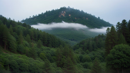 mountain afforest fog morning mystic. Creative resource, AI Generatedの素材