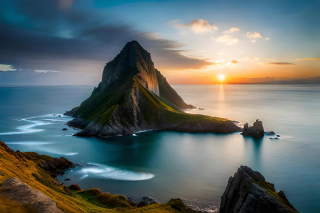 beautiful mountain landscape with a lake. Creative resource, AI Generatedの素材