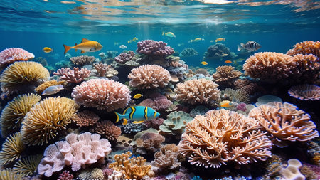 tropical sea subaqueous fish on coral reef. Creative resource, AI Generatedの素材