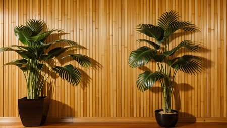 voiced and beautiful foliation dappled sunlight of tropical bamboo Tree flick dark on Brown University wooden dialogue box wall with Wood impress for extravagance product display , home invention decoration bacillus. Creative resource, AI Generatedの素材