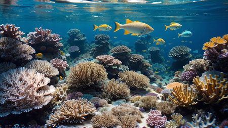 tropical ocean subaqueous fish on coral Witwatersrand. Creative resource, AI Generatedの素材