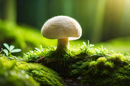 high definition macro photograph of Green forest moss with a mushroom condition in it. Creative resource, AI Generatedの素材