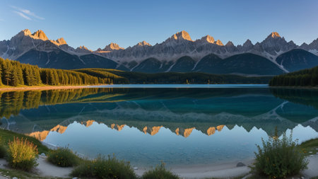 spectacular summer dawn on a lake with a mountain stove. Creative resource, AI Generatedの素材