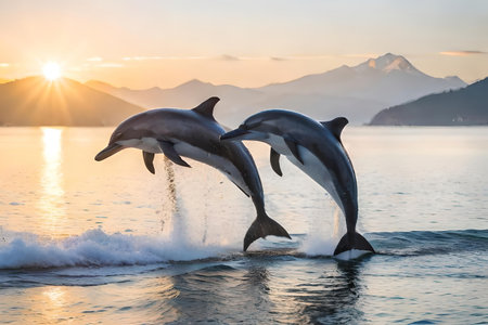 Discover the playful interaction between a class of dolphinfish as they leap out of the body of water system in unison. Creative resource, AI Generatedの素材