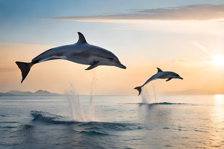 Discover the playful interaction between a classify of dolphinfish as they leap out of the consistency of water system in unison. Creative resource, AI Generatedの素材