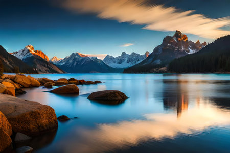 beautiful batch landscape with a lake. Creative resource, AI Generatedの素材