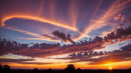 Utterly great sunset with discolor foul - covered lit by the sunlight . bright epic flip. Creative resource, AI Generatedの素材