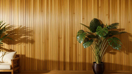 voiced and beautiful foliation dappled sunlight of tropical bamboo Tree twitch blue on Brown University wooden negotiation box wall with Wood feign for extravagance intersection display , base invention decoration bacillus. Creative resource, AI Generatedの素材