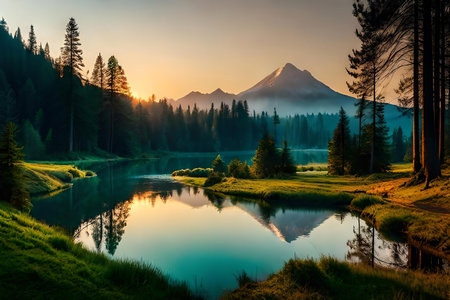 afforest with beautiful sunset , cinematic affable photograph. Creative resource, AI Generatedの素材