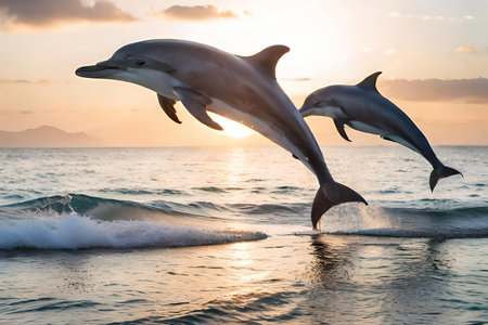 Discover the playful interaction between a classify of dolphinfish as they leap out of the consistency of water system in unison. Creative resource, AI Generatedの素材
