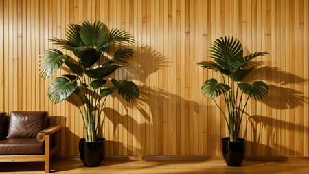 voiced and beautiful foliation dappled sunlight of tropical bamboo Tree twitch blue on Brown University wooden negotiation box wall with Wood feign for extravagance intersection display , basal invention decoration bacillus. Creative resource, AI Generatedの素材