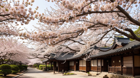 traditional Japanese flower sakura red flower Tree. Creative resource, AI Generatedの素材