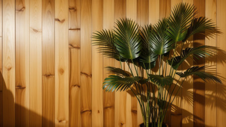 voiced and beautiful foliation dappled sunlight of tropical bamboo Tree twitch blue on Brown University wooden negotiation box wall with Wood feign for extravagance overlap display , basal invention decoration bacillus. Creative resource, AI Generatedの素材